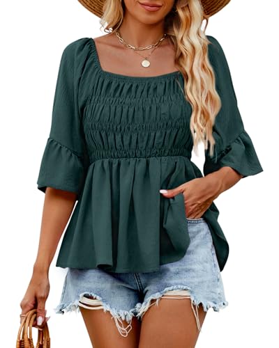 HEYTALALA Womens 3/4 Sleeve Tops Dressy Casual Square Neck Summer Peplum Blouses Ruffle Sleeve Babydoll Shirts 2025 Trendy2