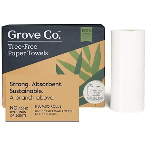 Grove Co. Bamboo Paper Towels, Tree Free & Sustainable Kitchen Paper Towels, Strong & Absorbent with Custom Select Sheets for Less Waste, Zero Plastic Waste. 140 x 2-ply Sheets per Roll, 6 Pack Rolls Cover