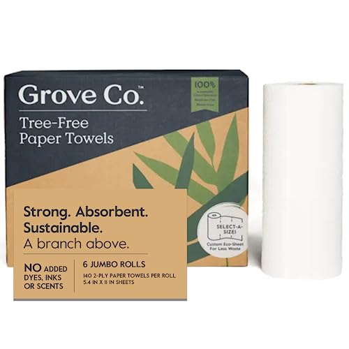 Grove Co. Bamboo Paper Towels, Tree Free & Sustainable Kitchen Paper Towels, Strong & Absorbent with Custom Select Sheets for Less Waste, Zero Plastic Waste. 140 x 2-ply Sheets per Roll, 6 Pack Rolls