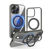 【360度回転スタンド・縦横両対応】KATSUTOYO iPhone 15 pro 用 ケース magsafe 黄ばみにくい 強磁力リング マグネット搭載 360°回転スタンド 縦横両対応 MagSafe対応 高耐久性 米軍MIL規格 耐衝撃 指紋防止 iphone15プロ 用 ケース（6.1インチ）背殻クリア グレー