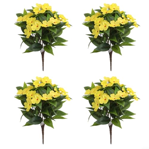 NexRen Paquete de 4 impatiens artificiales realistas, de plástico de terciopelo resistente a la intemperie, flores decorativas para exteriores, jardín, patio (amarillo)