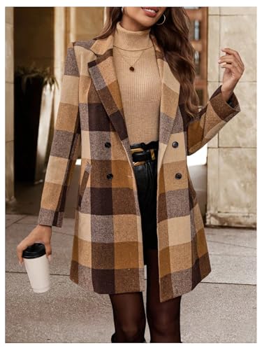 SOLY HUX Women's Plaid Jacket Lapel Double Breasted Long Sleeve Casual Coat with Pockets4