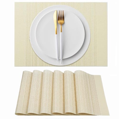 AHHFSMEI Placemats Set of 6 Woven Vinyl Plastic 18.1x13 inches Place Mats Non-Slip Heat Resistant Washable Easy Clean Table Mats (Beige)
