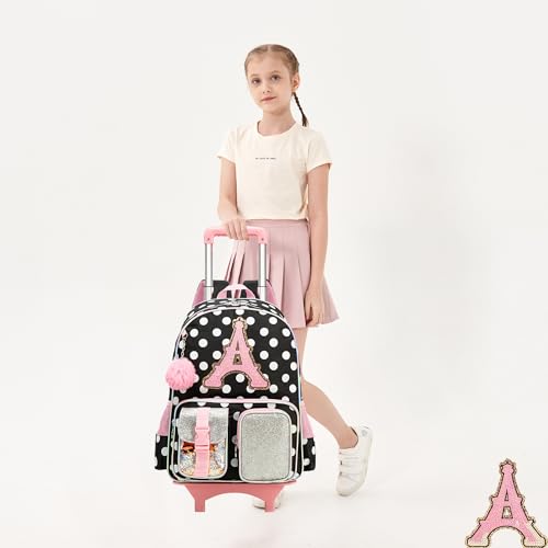 Image of HTgroce Cute Rolling Backpack for Girls Kids with Lunch Box & Pencil Case 3pcs Girls Rolling Backpacks for Elementary Middle School Bag with Wheels (Dot Letter A)