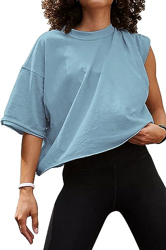 Carpetcom Oversized Workout Shirts for Women Short Sleeve Drop Shoulder Casual Crop Tops Baggy Gym Yoga Athletic Tee