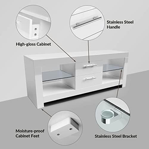 ELEGANT 1300mm Modern High gloss TV Stand Cabinet with LED Light for 22"-52" Flat Screen 4k TVs/Living Room Bedroom Furniture TV Cabinet with Shelves and Drawers for Media Storage,White