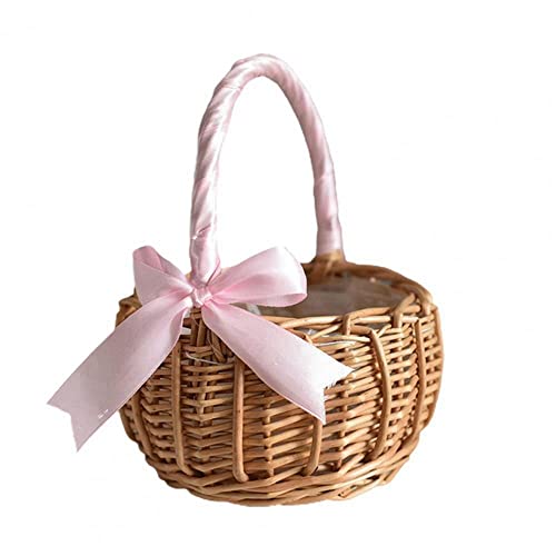 Vctitil Wicker Rattan Flower Basket,Wedding Flower Girl Basket Hand Woven Flower Basket Decoration,Candy Storage Basket Home Decoration(L,pink)