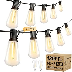 Torkase Outdoor String Lights Mains Powered,120FT/36M Garden Festoon Lights with 60+2 Shatterproof ST38 Plastic LED Edison Bulbs Waterproof for Outside Patio Pergola Gazebo Décor Wedding Cafe