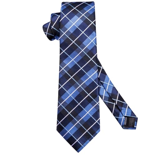 Image of Hi-Tie Mens Plaid Ties Classic Paisley Necktie with Handkerchief Cufflinks Set Business Stripe Tie