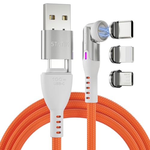 Statik 360 Pro Magnetic Charging Cable - Type C Charger Fast Charging 3 in 1 USB C to USB C Cable, Micro USB & iProduct Tips, USB A Adapter, Fits All Devices - 100W Fast Charger, Orange 6FT/2M
