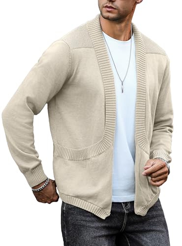 Arcciit Men's Shawl Collar Long Sleeve Cardigan Knit Open Front with Pockets Khaki