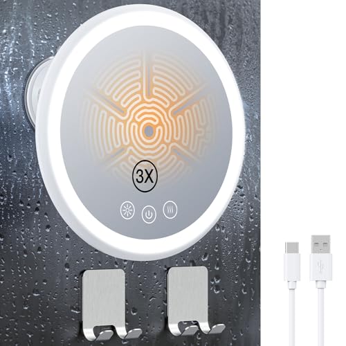 Gospire 3X Heated Shower Mirror Fogless for Shaving, 5000mAh Battery, 360° Swivel & Magnetic Design, 8.3” Anti-Fog Shower Shaving Mirror with 3 Color Dimming Lights, Includes 2PCS Adhesive Hooks