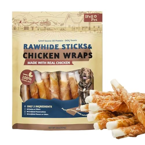 Chicken Wrapped Rawhide Sticks for Dogs, 16oz Natural Dog Chews with Real Chicken, Grain Free Dental Treats for All Breed Sizes, Long Lasting Chew Sticks for Medium & Large Dogs, No Artificial Flavors