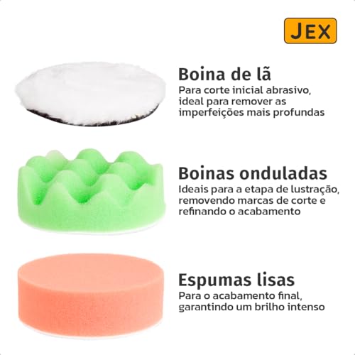 JEX Kit Polimento Automotivo com Boina de Lã, Espumas Onduladas, Espumas Lisas, Disco de Acoplagem e