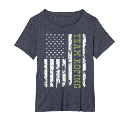 Team Roping Rodeo Vintage American Flag, 4th of July Cowboy T-Shirt, Women's Plus, Heather Blue, 3X