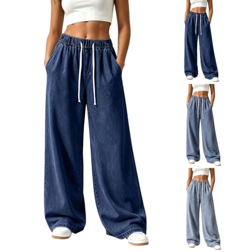 Sweatpant Jeans Women Wide Leg Drawstring Elastic Wasit Baggy Denim Pant L3