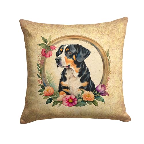 Caroline's Treasures DAC2134PW1414 Entlebucher Mountain Dog and Flowers Fabric Decorative Pillow Machine Washable, Indoor Outdoor Decorative Pillow for Couch, Bed or Patio, 14Hx14W