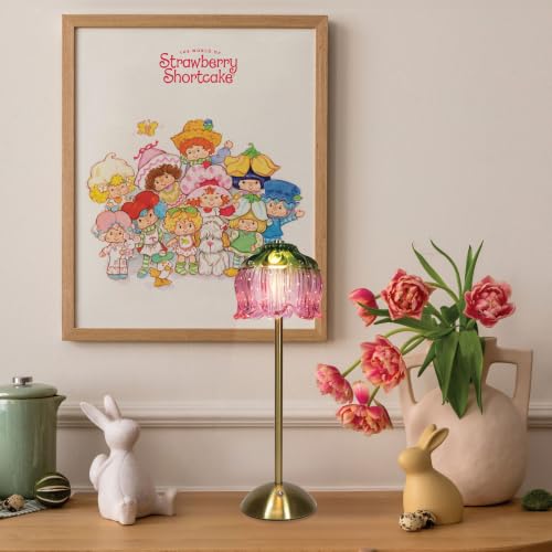 Strawberry Shortcake Touch Lamp- Pink Glass Strawberry Shade, USB-C Rechargeable, 3 Dimmable Light Temperatures, LED Desk Lamp, Brush Brass Base & Pole, Cute Décor for Girls Bedroom (Pink)