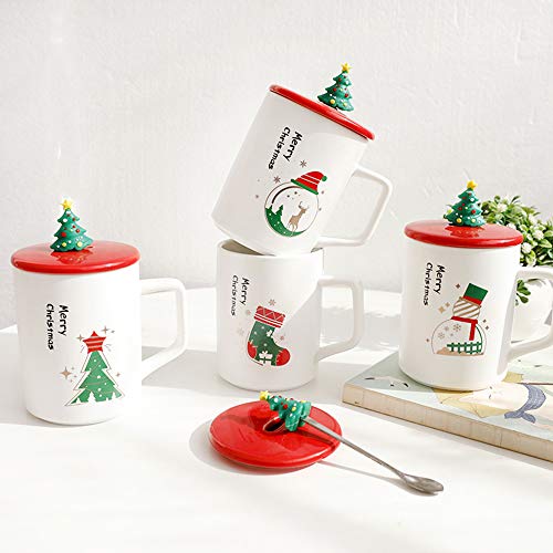 ZSLD Céramique Mugs à café de Noël Ensembles de 4 avec la poignée du Couvercle et 3D Christmas Tree Spoon/cerf/Chaussettes/Bonhomme de Neige, Souvenirs Cover