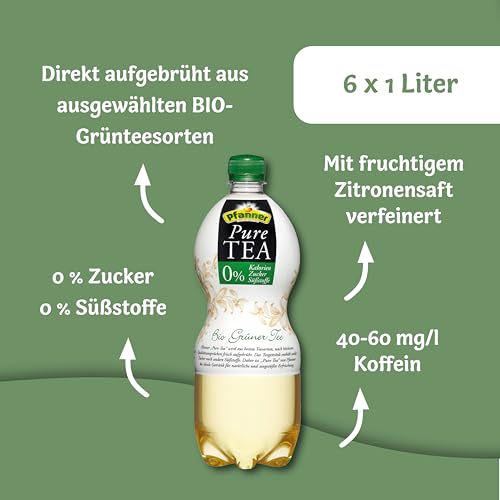 Pfanner Pure Tea Grüner Tee (6 x 1 l) – Eistee ohne Zucker und ohne Süßstoffe - Bio Tee mit Holunder und Zitronensaft – im Vorratspack