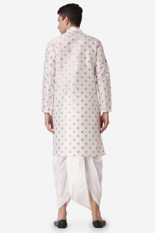 Image of Royal Kurta Men's Jacquard Silk Printed Cream Kurta White Dhoti Set