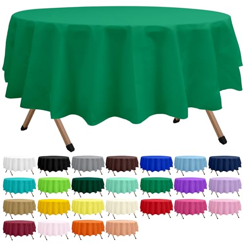 dinexlence 2 Pack Emerald Green Premium Plastic Tablecloth Round 84 Inches Reusable Oliver Dark Green Decorative Table Cover for Dining, Wedding, Party, Indoor and Outdoor use