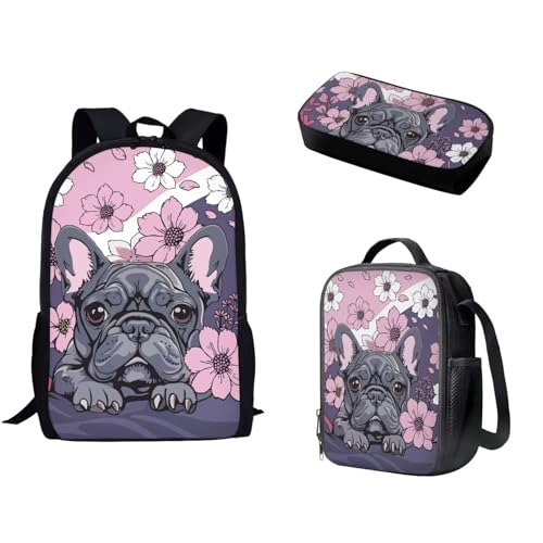 Zaino per la scuola per ragazze e ragazzi borsa a doppia spalla per le scuole medie con scatola termica per il pranzo e astuccio Fiore di carlino grigio