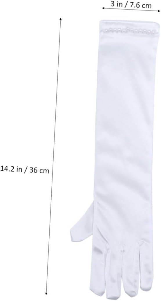 Didiseaon 1Pair Long White Satin Flower Girl Gloves with Pearl Decor Elegant Dress Gloves for Weddings Evening Parties and Special Occasions