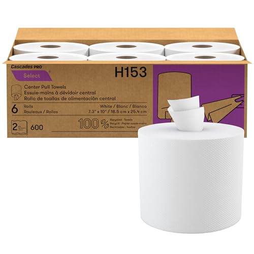 Cascades PRO Select Centerpull Hand Towel 2-Ply - Center Pull Paper Towel for Dispensers - Universal Fit - Premium Bulk - 600 Sheets/Roll, 6 Rolls / Box - H153 - White