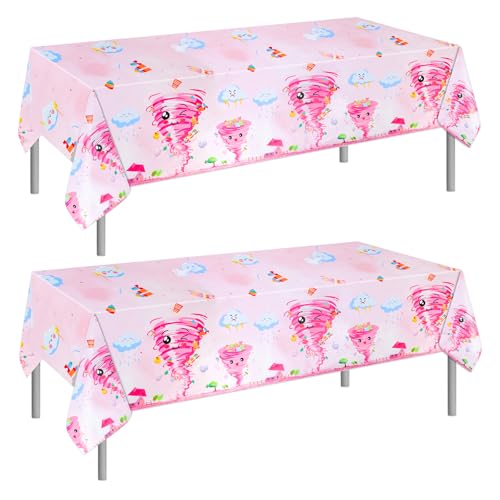 PHOGARY 2 PCS Two Nado Party Tablecloths, Two Nado Birthday Decorations Girl Disposable Rectangle Table Cover Plastic Tornado Party Table Cloth for 2nd Birthday Decorations for Girl 54" X 108"