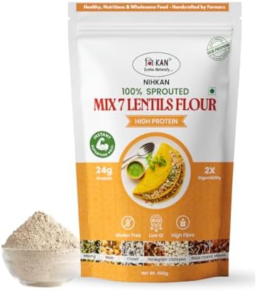 NIHKAN Premium Plant Protein Flour - 7 Sprouted Pulses & Beans Premix - 454 gm(1lb) | Gluten free Flour for Crepes, Wraps, Pancakes, Dosas & Savoury Baking