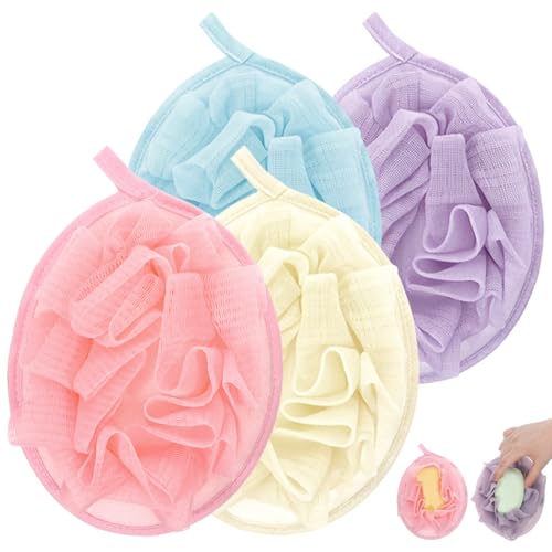 Image of 4 PCS Bath Pouf, Travel Size Loofah Exfoliating Bath Sponges Body Sponges for Shower Shower Sponge with Elastic Hand Strap for Women Men Gentle Skin Cleansing Body Wash Pink, Blue, White, Purple