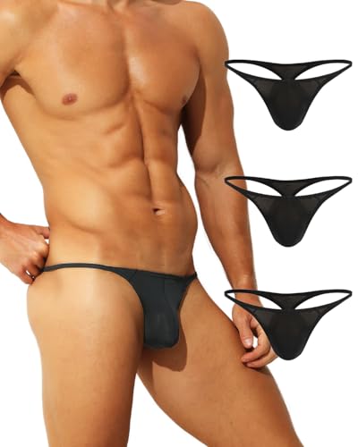 Men's Micro G String Low Rise Thong Underwear 3 Pack Soft Stretch Fit with Enhancing Bulge Pouch