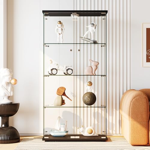 Garvee Glass Display Cabinet with LED Light, Tempered Glass Curio Collection Display Showcase with 4 Shelves and Lock, 2 Door Curio Cabinets for Living Room Bedroom Office, 64 x 31.7 x 14.3 in, Black