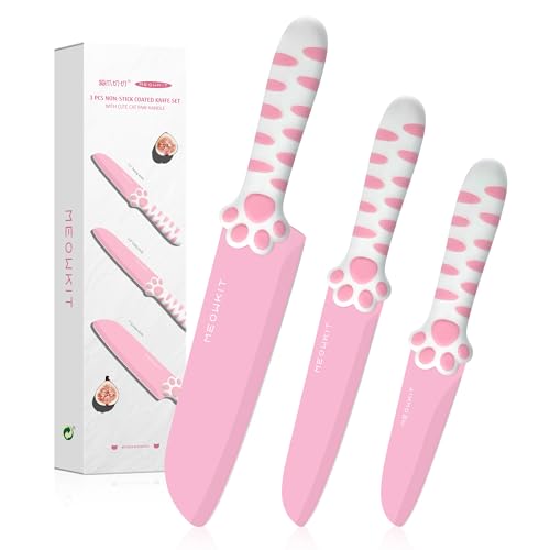 MEOWKIT Cuchillos Cocina 3 Piezas, Juego Cuchillos Cocina| Cuchillo Santoku, Cuchillo de Fruta y Cuchillo de Pelado, Hoja de Acero Inoxidable con Recubrimiento Antirayaduras, Rosa