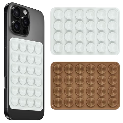 Image of amazon basics Suction Phone Case Anti-Slip Silicone Multipurpose Hands-Free Sticky Pads for Phone Case Mount for Selfies Videos Mirror Shower Car Dashboard - White&Brown (Pack of 2)