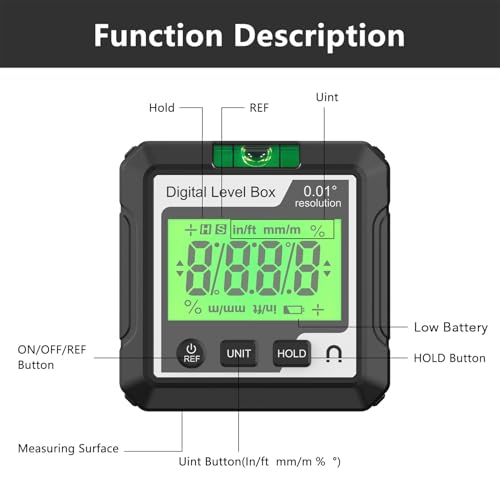 Digitaler Winkelmesser, 4 X 90-Grad-Bereich, Magnetische Befestigung, Mehrere Messmodi, Datensperrfunktion, für Holzbearbeitung, Autoreparatur (Schwarz und ß)