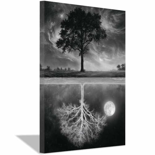 Tableau toile noir et blanc XENIOU lune et racine d'arbre 60x90cm encadrée pour salon