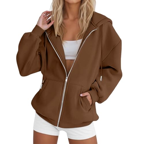 Zip up Hoodie Women Womens Zip up Hoodies Long Sleeve Lightweight Sweatshirts Loose Fit Workout Plain Hoodie Oversized Casual Jacket with Pockets Fall Winter Fashion 2025 Coffee,L