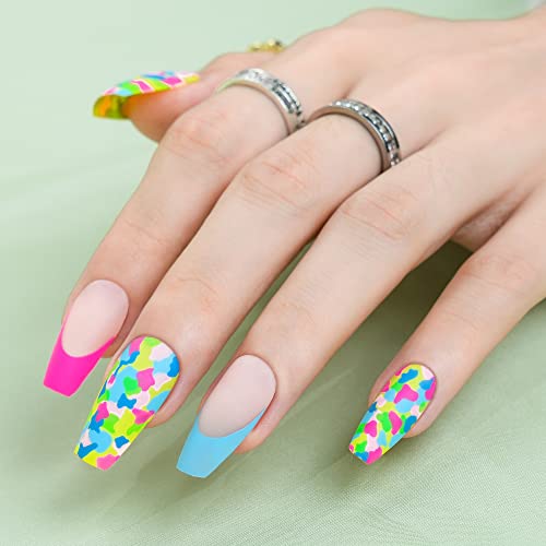 Press On Nails Medium Coffin, 24Pcs Rainbow Queen Acrylic Fake Nails Full Cover Natural, False Nails With Designs，Glue On Nails For Women Girls #TOP11