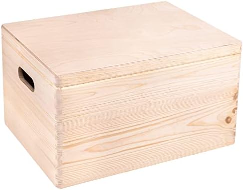 Creative Deco XXL Large Plain Wooden Storage Box Chest | 40x30x24 (+/-1 cm) | Hinged Lid & Handles | Unpainted Gift Box for Tool Dog Toy Document Storage | UNSANDED Wood Keepsake Memory Craft