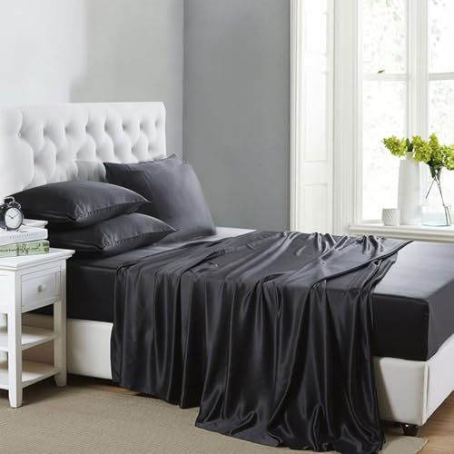 Lanest Housing Silk Satin Sheets, 6-Pieces Full Size Satin Bed Sheet Set with Deep Pockets, Cooling and Soft Sheets Full - Black by Lanest Housing - Used condition - US$23.43