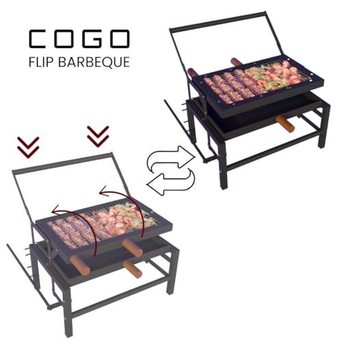 Image of COGO FLIP Large BBQ | Tongs & Oil Brush | Flipping Mechanism | Adjustable 4 Heat Levels | 17 x 22 x 19 inch | Lightweight & Strong Metal Frame | Home Charcoal Grill | Outdoor Barbeque | Colour: Black
