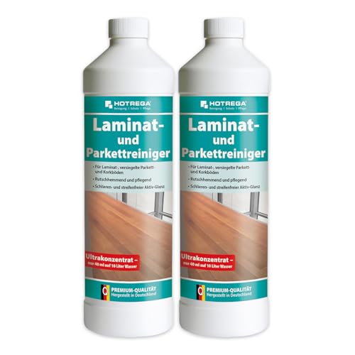 HOTREGA Laminatreiniger und Parkettreiniger 2x 1 Liter Konzentrat | Streifenfrei trocknende Wischpflege für Laminat, Parkett & Kork | Rutschhemmend