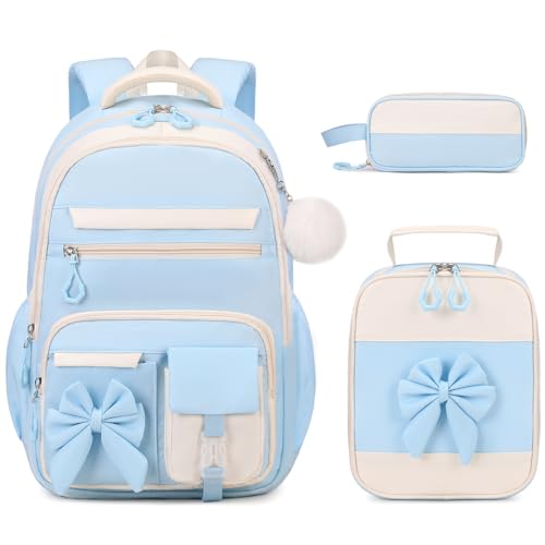 DIGOBAY Backpack for Girls, 3PCS Girls Backpack for School with Lunch Bag Pencil Case, Cute Kids Teens Bookbag for Kindergarten Elementary Preschool Middle School (Blue)