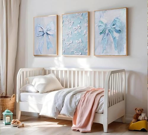 Image of 3Pcs Trendy Blue Bow Canvas Wall Art Vintage Cute Preppy Watercolor Bow Painting Pictures Wall Decor Posters Prints Girly Aesthetic for College Apartment Bedroom Decoration Unframed