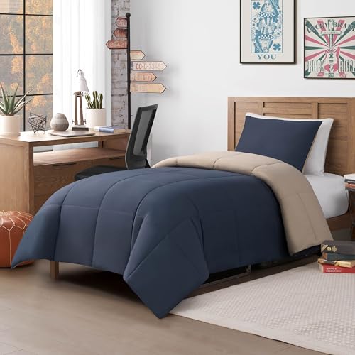 Lucky Brand Reversible Box Stitch Comforter Set, 3-Piece King – Vintage Blue Indigo/Tan – Classic Bedding Set