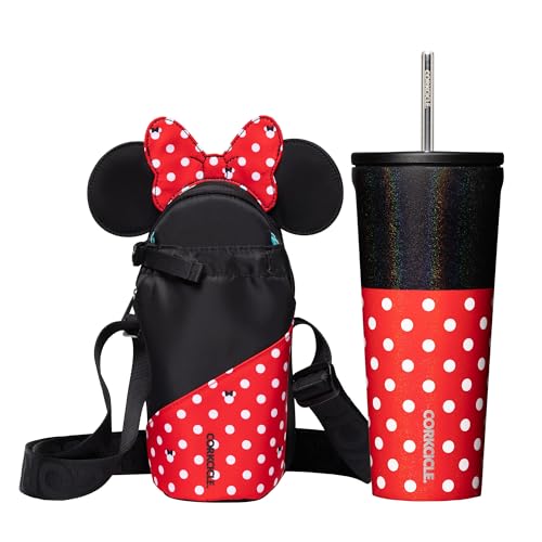 Corkcicle x Disney Minnie Mouse Crossbody Water Bottle Sling Bag & Insulated Cold Cup, Polka Dot Red, Two Items Holiday Gifts Bundle Set, Water Bottle Holder with Strap Fits 16-40oz Tumbler, 24oz Cup