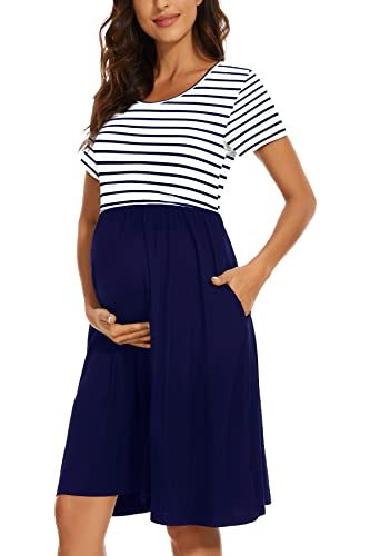 Wooxio Women'S Short Sleeve Maternity Dress Patchwork Pregnancy Clothes With Pockets Medium,White Navy Stripe-Navy thumb #1
