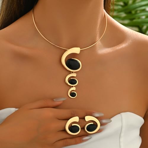 JAGWQRK Chunky Gold Jewelry Set for Women Vintage Necklace Earrings Chunky Spiral Oval Pendant Necklace Earrings Set Prom Vintage Jewelry(gold) by JAGWQRK - Used condition - Image 4